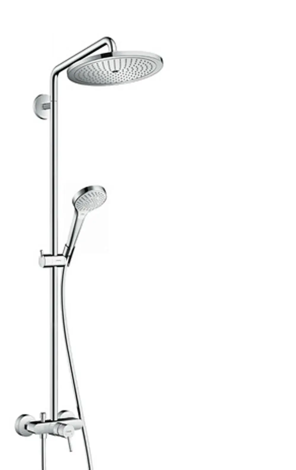 Hansgrohe Duschsystem mit fest montiertem Regenduschkopf und Handbrause, ausgestattet mit einem Einhebelmischer und verchromter Oberfläche.